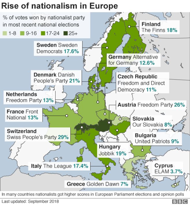 Map showing rise of populist and nationalist parties in Europe