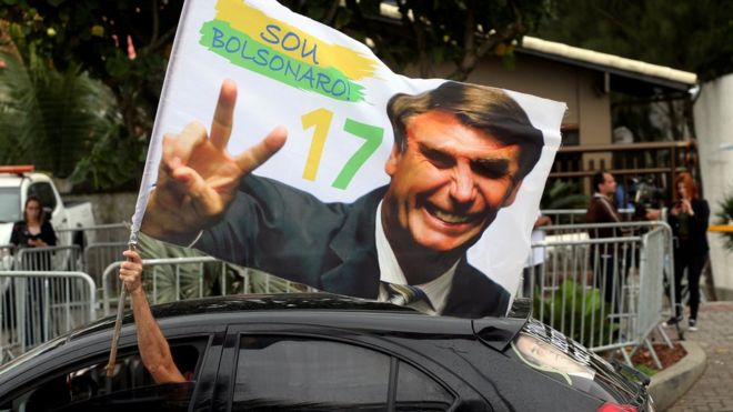 Сторонник Jair Bolsonaro, празднует перед своим кондоминиумом в Барра-да-Тижука в Рио-де-Жанейро, Бразилия 29 октября 2018 года