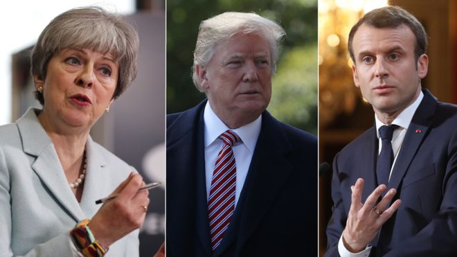 UK Prime Minister Theresa May, US President Donald Trump and French President Emmanuel Macron