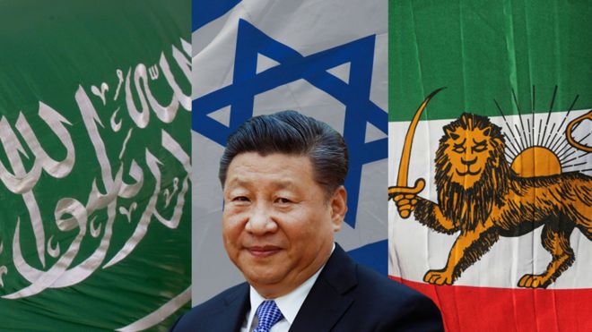 El presidente de China, Xi Jinping, con las banderas de Arabia Saudita, Israel e Irán.