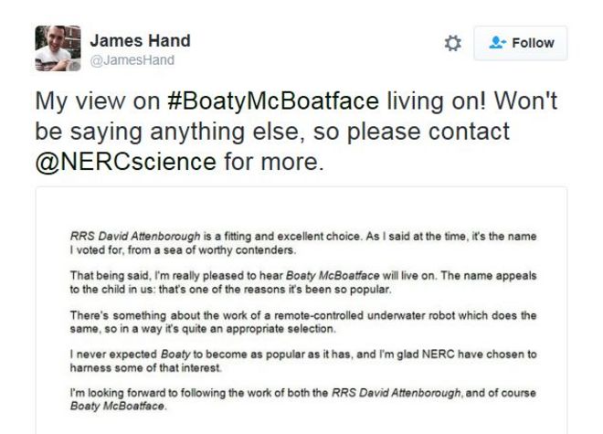 Tweet от человека, который предложил Boaty McBoatface