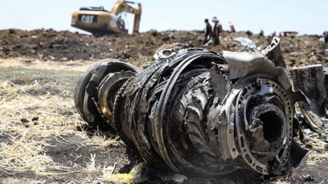 Debris of the crashed airplane of Ethiopia Airlines