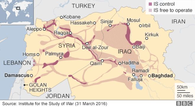 Карта, показывающая районы, контролируемые группой «Исламское государство» - 31 марта 2016 года