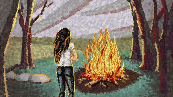 Ilustração de uma mulher olhando uma fogueira