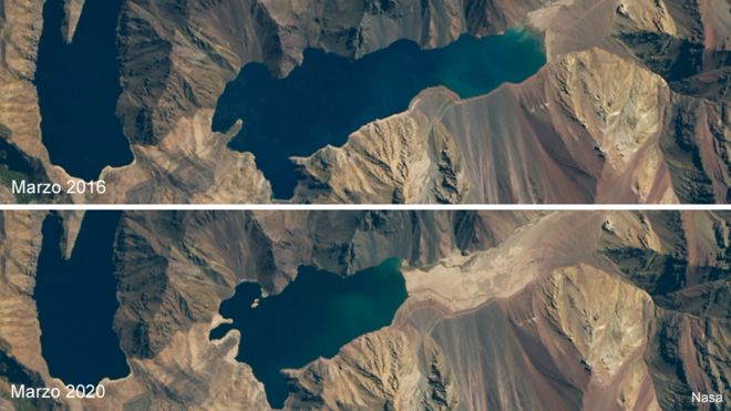 Imágenes del embalse El Yeso, Chile en 2016 y 2020