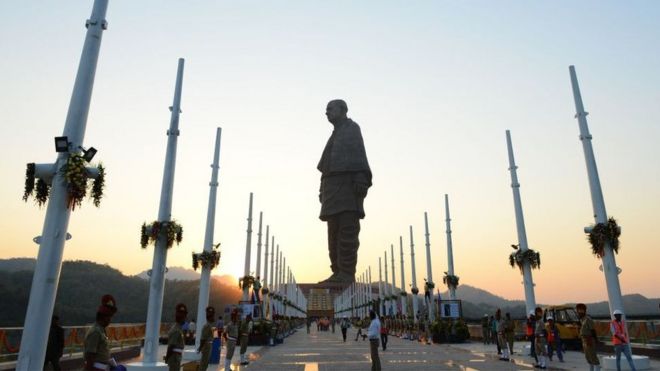 Indian policemen stand guard near the 'Statue Of Unity', the world's tallest statue dedicated to Indian independence leader Sardar Vallabhbhai Patel.