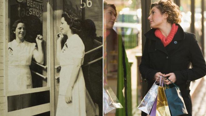 Woman from 1940s looking at reflection in shop window, woman from today looking at reflection in shop window