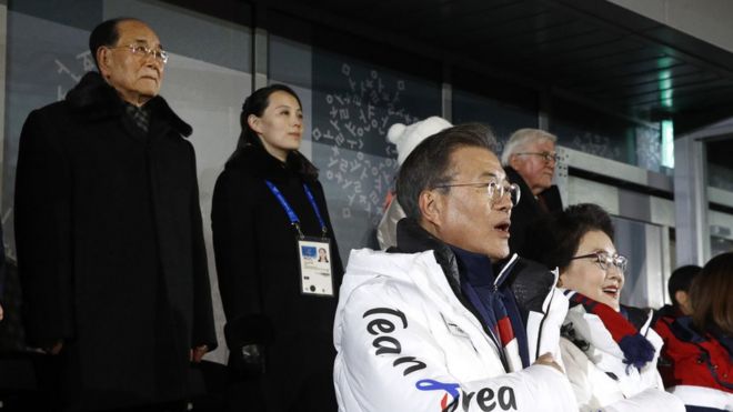 Президент Южной Кореи Мун Чже-ин, второй справа внизу, стоит рядом с первой леди Ким Чен Сук, когда на церемонии открытия исполняется гимн Южной Кореи, а слева вверху - президент Президиума парламента Северной Кореи и Ким Йо Чон, сестра северокорейского лидера Ким Чен Уна на зимних Олимпийских играх в Пхёнчхане в 2018 году