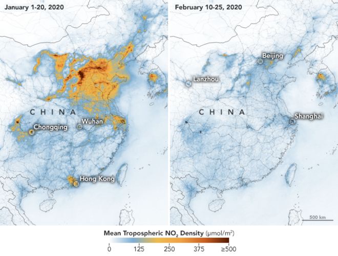 A map released by Nasa shows how air pollution levels have reduced in China this year