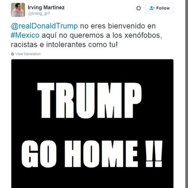 Твитнуть в твиттере: @realDonaldTrump вам не рады в #Mexico, нам не нужны ксенофобы, расисты и нетерпимые люди, такие как вы.