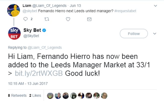 Взаимодействие между пользователем Twitter и Sky Bet