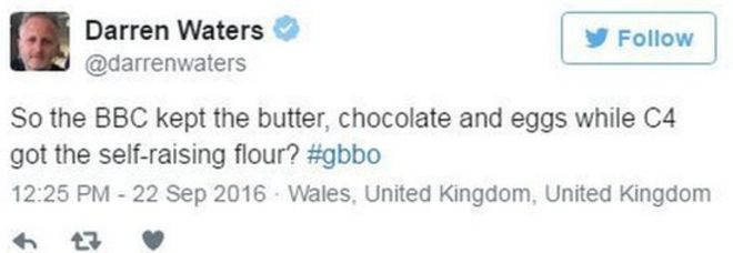 Значит, Би-би-си хранила масло, шоколад и яйца, в то время как С4 получила саморазвивающуюся муку? #gbbo