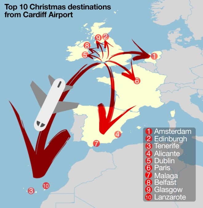Карта, показывающая 10 лучших направлений из аэропорта Кардиффа в это Рождество