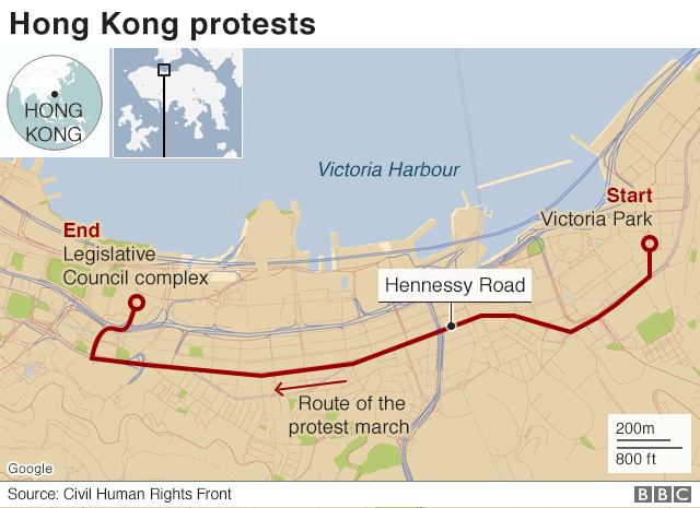 Маршрут воскресных акций протеста в Гонконге