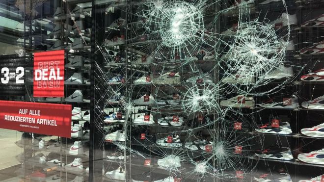 Smashed sports shop window in Stuttgart, 21 Jun 20