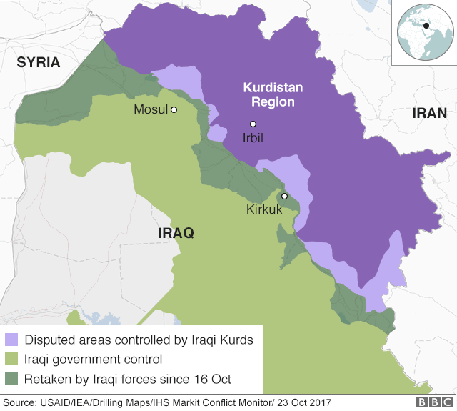 Карта, показывающая контроль над северным Ираком и Курдистаном (23 октября 2017 года)