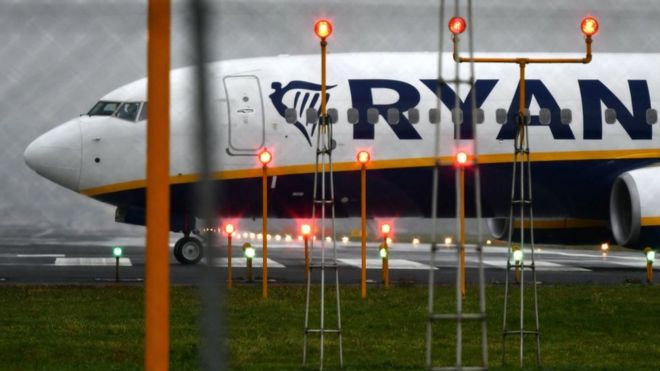 Передняя часть самолета Ryanair на земле в аэропорту Чампино, Италия
