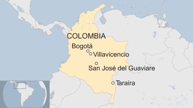 A map of Colombia, showing BogotÃ¡, Villavicencio, San JosÃ© del Guaviare and Taraira