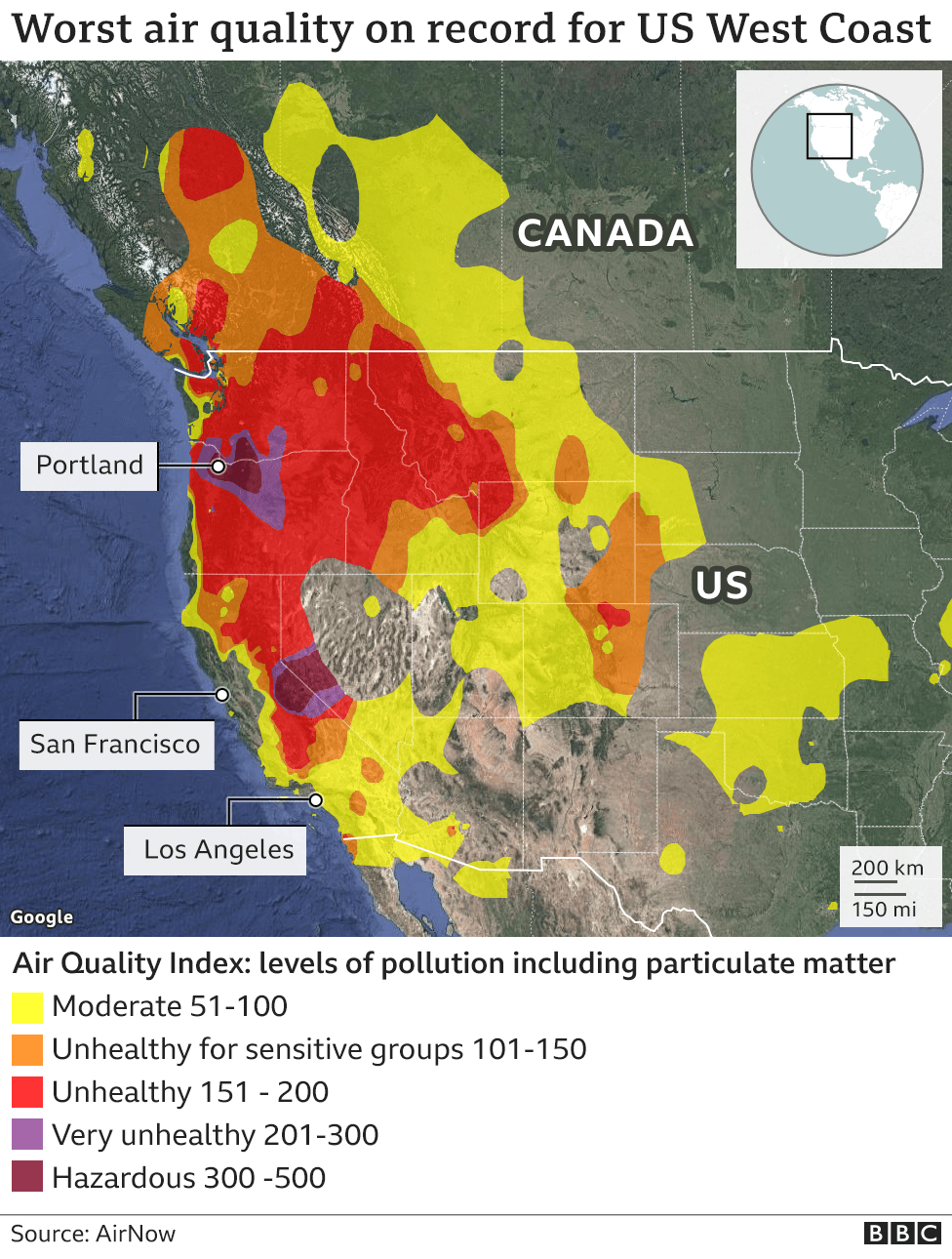Карта, показывающая индекс качества воздуха для Калифорнии и Орегона