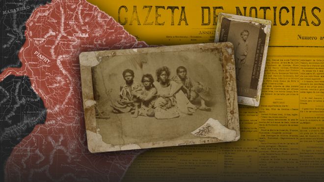 Montaje fotografías antiguas de refugadiados sobre un mapa de Brasil