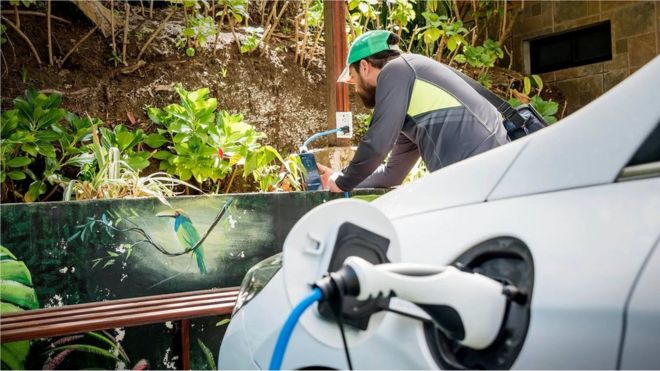 Un auto eléctrico conectado a la Ruta Eléctrica de Costa Rica