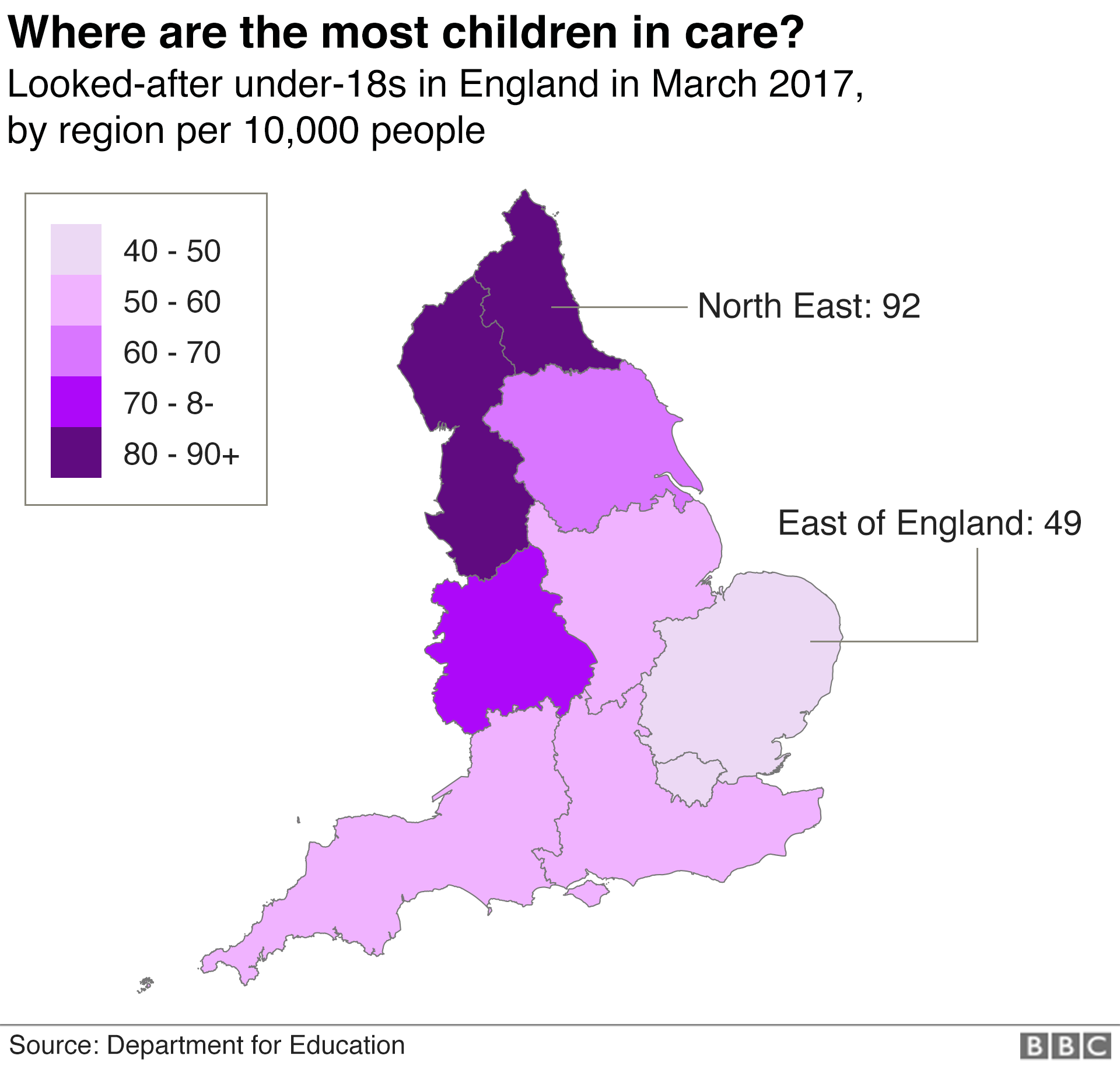 Карта, показывающая районы с самой высокой и самой низкой плотностью для детей, находящихся на попечении
