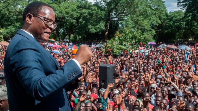 Malawi Congress Party (MCP) President Lazarus Chakwera adresses supporters during celebrations, outside the MCP Headquarters in Lilongwe February 4, 2020