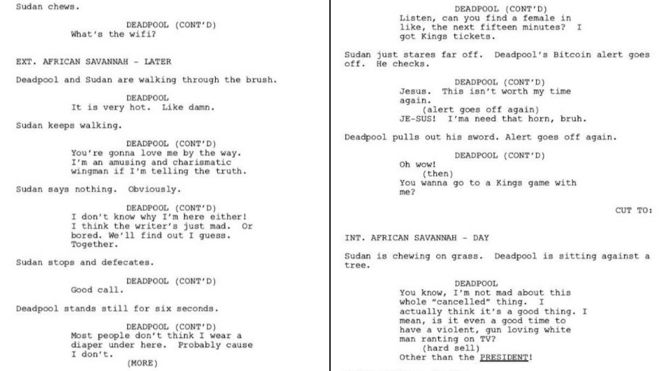 Две страницы из сценария Дэдпула