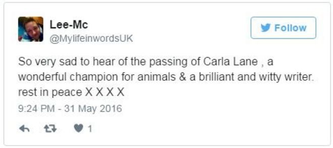Твиты @MylifeinwordsUK: Очень грустно слышать о кончине Карлы Лейн, замечательного чемпиона по животным и животным. блестящий и остроумный писатель. Покойся с миром X X X X