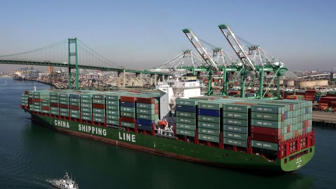 China shipping line container ship near the port of Los Angeles