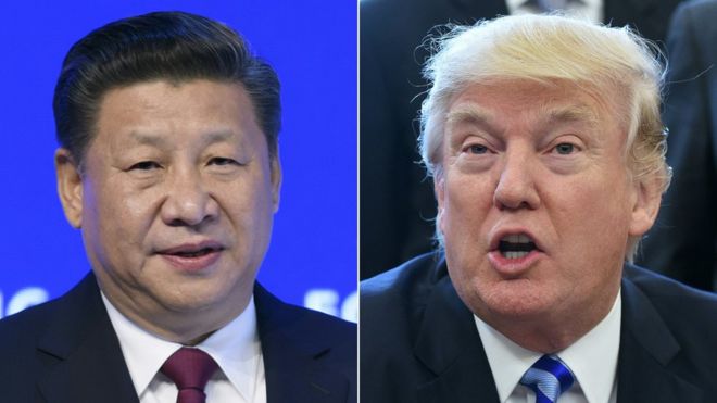 This combination of pictures created on March 30, 2017 shows China's President Xi Jinping (L) delivering a speech on the opening day of the World Economic Forum, on January 17, 2017 in Davos, and US President Donald Trump (R) announcing the final approval of the XL Pipline in the Oval Office of the White House on March 24, 2017 in Washington, DC
