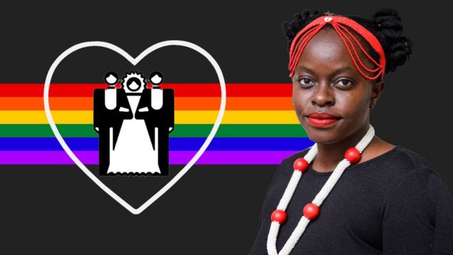 Muvumbi Ndzalama con una pancarta LGBT detrás y un símbolo de corazón con una ilustración de una mujer con dos hombres a cada lado