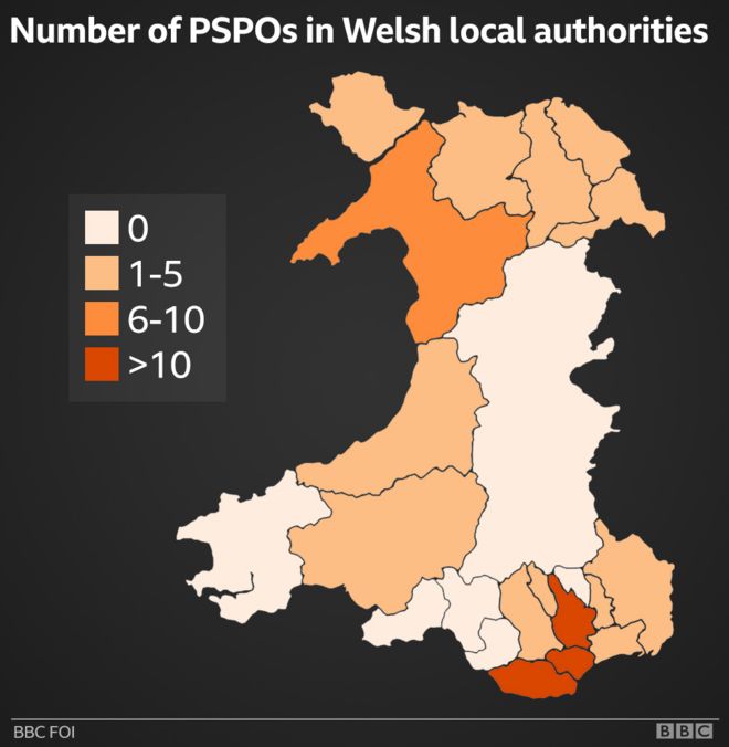 Карта, показывающая распространение ПСПО по Уэльсу