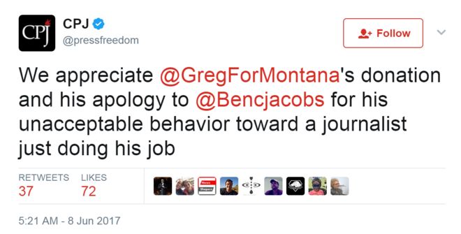 Tweet от @pressfreedom: Мы ценим пожертвование @ GregForMontana и его извинения перед @Bencjacobs за его неприемлемое поведение по отношению к журналисту, просто выполняющему свою работу