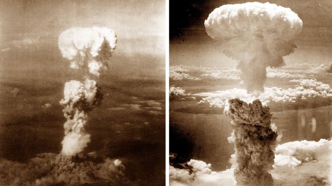 Two photos showing the mushroom clouds over Hiroshima and Nagasaki