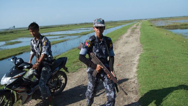Myanmar border guard patrol the border area along the river dividing Myanmar and Bangladesh located in Maungdaw