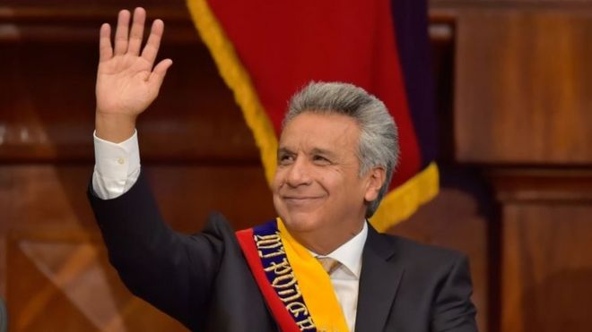Ecuador's new President Lenin Moreno waves during his inauguration ceremony in Quito, 24 May 2017