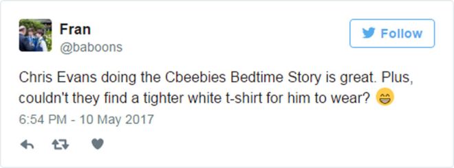 Чирикать: "Крис Эванс делает Cbeebies сказку на ночь, это здорово. Плюс, они не могли найти более плотную белую футболку для него, чтобы носить? &Y? & quot;