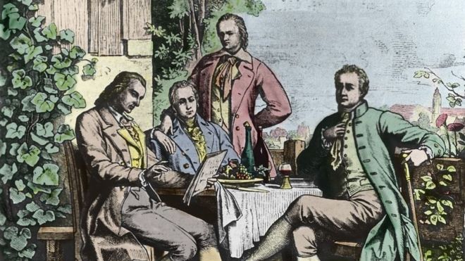 Reunión en Jena. Desde la izquierda: Friedrich Schiller, Wilhelm y Alexander von Humboldt y Johann Wolfgang Goethe- 1793