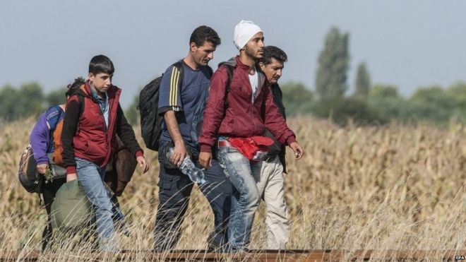 Мигранты идут по железнодорожному переезду на границе между Венгрией и Сербией возле Рошке - 25 августа 2015 года
