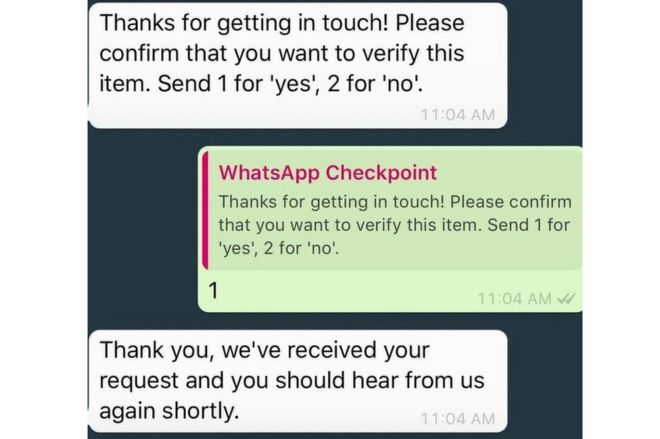 Снимки экрана, показывающие, как служба контрольной точки WhatsApp отвечает на сообщение BBC с просьбой подтвердить, что мы хотим проверить элемент