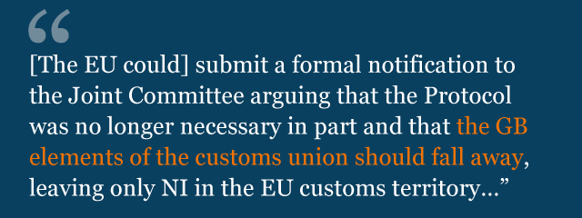 Текст из юридической консультации, гласящий: [ЕС может] представить официальное уведомление Объединенному комитету, утверждая, что Протокол больше не нужен частично и что элементы ГБ таможенного союза должны исчезнуть, в результате чего на таможенной территории ЕС останется только Н.И. € ¦