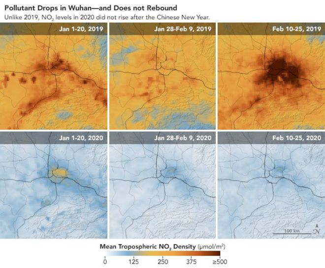 Изображение, опубликованное НАСА, показывает, как в этом году снизились уровни загрязнения в Ухане