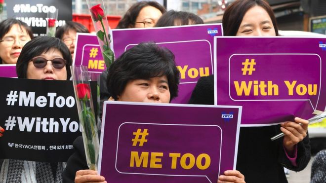 South Korean demonstrators hold banners during a rally to mark International Women's Day as part of the country's #MeToo movement in Seoul on March 8, 2018