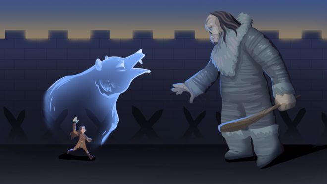 Ilustração de Lyanna Mormont correndo em direção ao gigante que matou em Game of Thrones