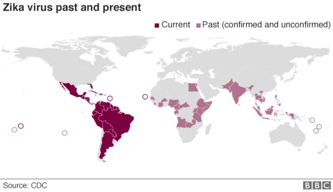 Карта мира, показывающая прошлые и настоящие случаи вируса Зика