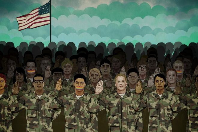 Иллюстрация, показывающая военнослужащим, принимающим присягу, у некоторых на губах есть радуга