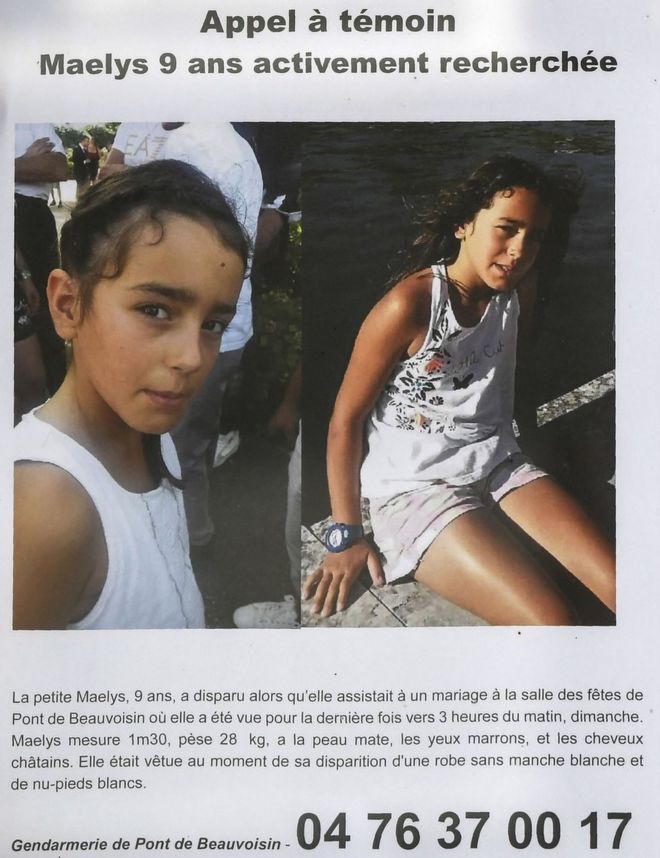 A photo taken on 28 August 2017 shows an appeal for witnesses poster for Maëlys, a nine-year-old girl who disappeared during a wedding party on 26-27 August in Pont-de-Beauvoisin, eastern France