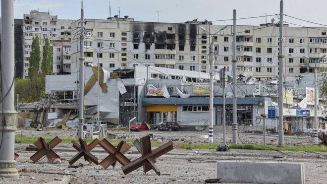 Damaged buildings at the North Saltovka region on the outskirts of Kharkiv, Ukraine, 11 May 2022.
