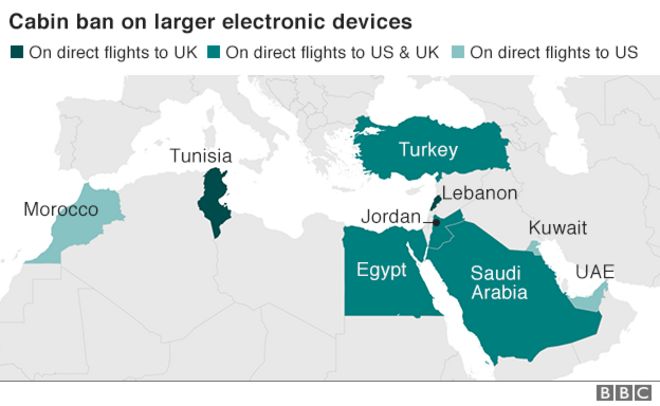Карта пострадавших стран по запрету ноутбуков